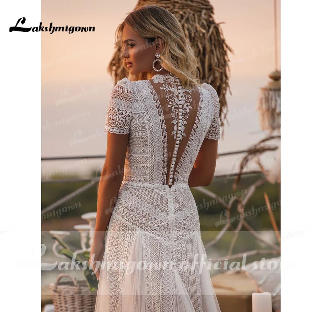 NumberSea - Full Lace Bohemian Wedding Dress Robe Longue Vintage soft Tulle Wedding Dresses Chic Bridal Gowns High neck abito da sposa