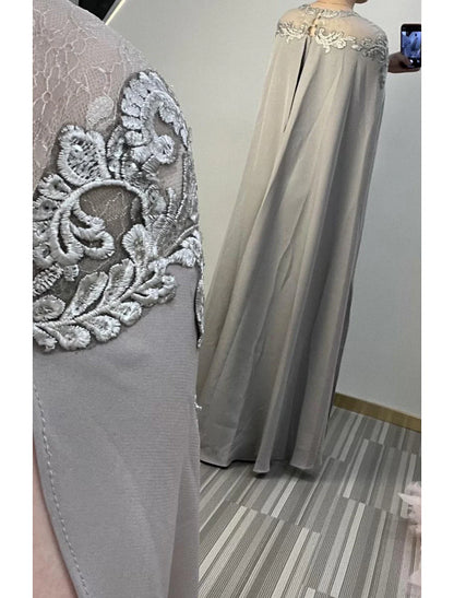 Sheath / Column Evening Gown Elegant Dress Formal Evening Floor Length Short Sleeve Illusion Neck Fall Wedding Guest Stretch Fabric with Lace Insert Appliques