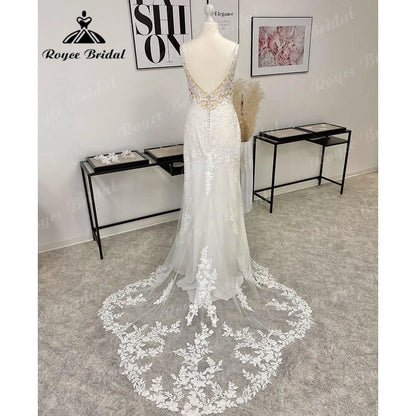 NumberSea - gelinlik Lace Plunging Deep V Neck Mermaid Wedding Dress for Women 2024 Boho Bridal Gown Backless Spaghetti Straps abito da spos