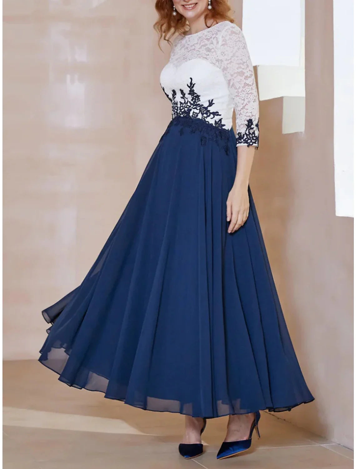 Numbersea A-Line Mother of the Bride Dress Wedding Guest Elegant Scoop Neck Ankle Length Chiffon 3/4 Length Sleeve with Lace