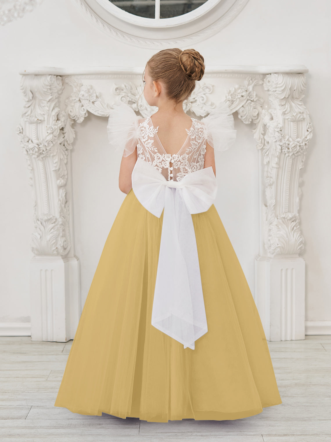 Detachable  Lace Tulle Sweep Train Flower Girl Dress