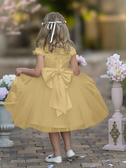 Satin Tulle Tea-length Ivory First Communion Flower Girl Dress