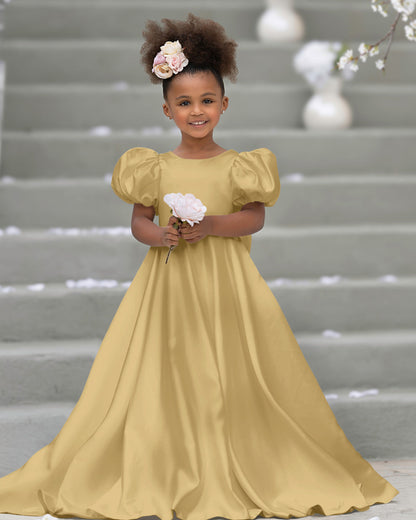 Puff Sleeve Bow Button Back Sweep Train Flower Girl Dress