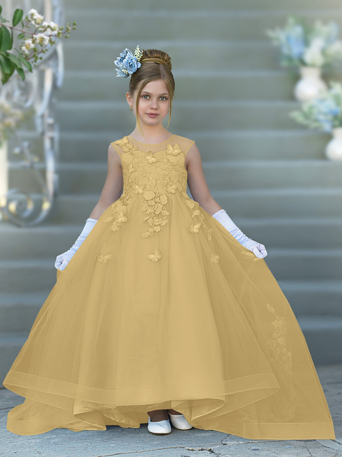 Serenity Princess Ball Gown with Lace Appliques and Butterfly Embellishments