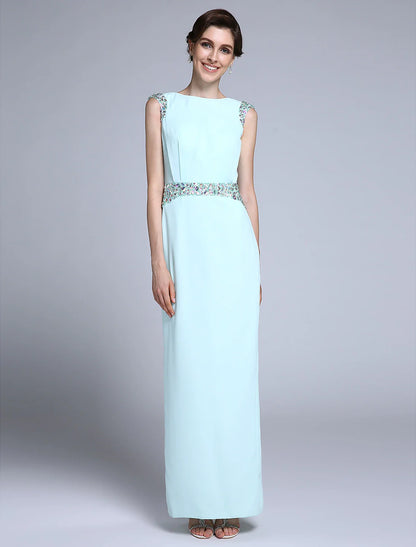 Sheath / Column Mother of the Bride Dress Elegant Bateau Neck Ankle Length Chiffon Sleeveless No with Crystals