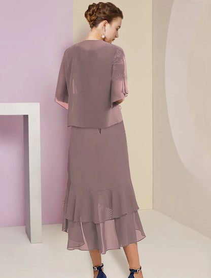 Zweiteiliges A-Linien-Kleid für die Mutter der Braut, formelle Herbsthochzeitsgäste, elegant, hoher V-Ausschnitt, asymmetrische Wadenlänge, Chiffonspitze, kurze Ärmel, 3/4-Ärmel, Wickelärmel mit Applikationen enthalten