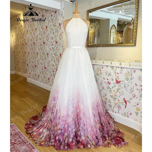 NumberSea - Halter Neck Chiffon A Line Garden Floral Print Wedding Dress Open Back 2025 Pleats Wedding Gowns for Bridal sukienka na wesele