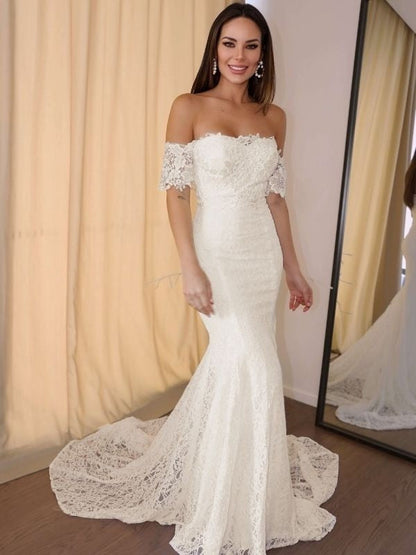 Trumpet/Mermaid Off-the-Shoulder Short Sleeves Lace Applique Court Train Wedding Dresses