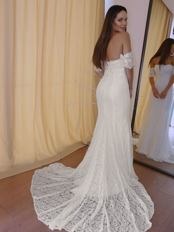 Trumpet/Mermaid Off-the-Shoulder Short Sleeves Lace Applique Court Train Wedding Dresses