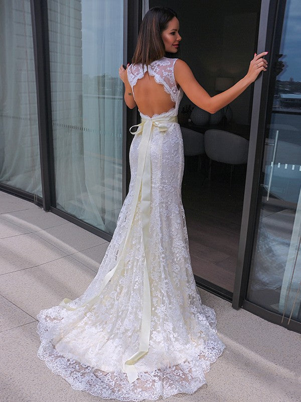 Sheath/Column Lace V-neck Sash/Ribbon/Belt Sleeveless Sweep/Brush Train Wedding Dresses