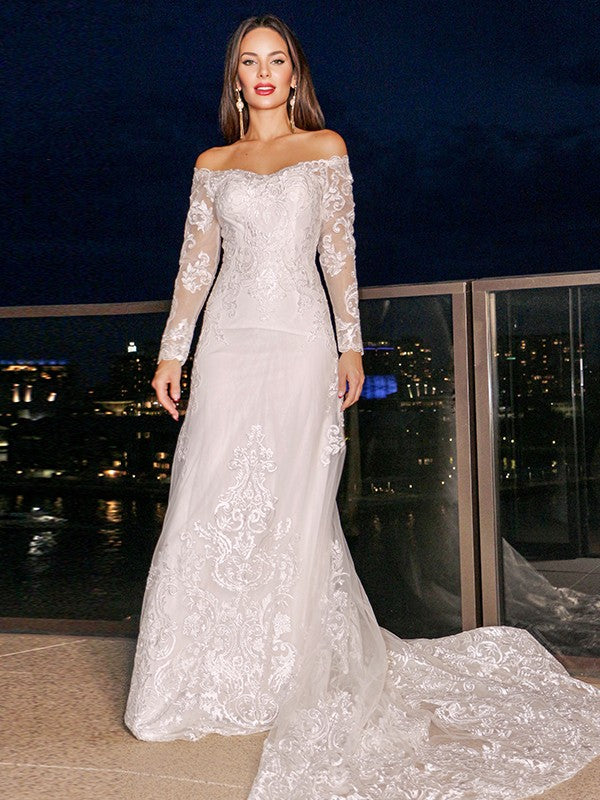 Sheath/Column Lace Off-the-Shoulder Long Sleeves Court Train Wedding Dresses