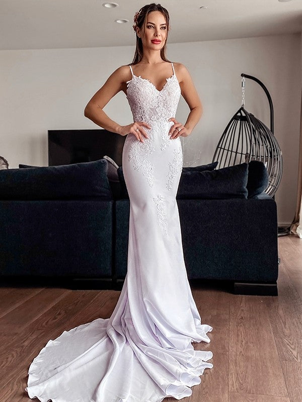 Trumpet/Mermaid Spaghetti Straps Applique Stretch Crepe Sleeveless Cathedral Train Wedding Dresses