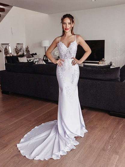 Trumpet/Mermaid Spaghetti Straps Applique Stretch Crepe Sleeveless Cathedral Train Wedding Dresses