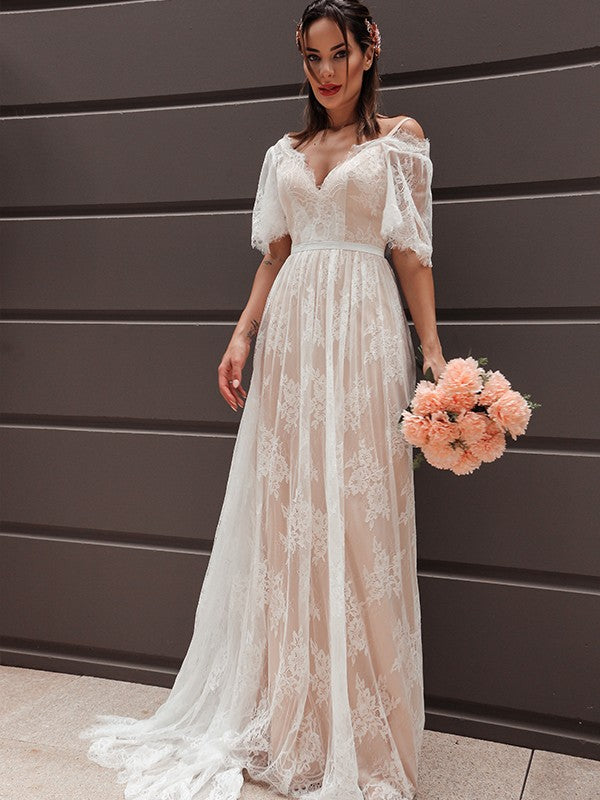 Numbersea A-Line Princess Short Sleeves Lace V-neck Sash Ribbon Belt Sweep Brush Train Wedding Dresses