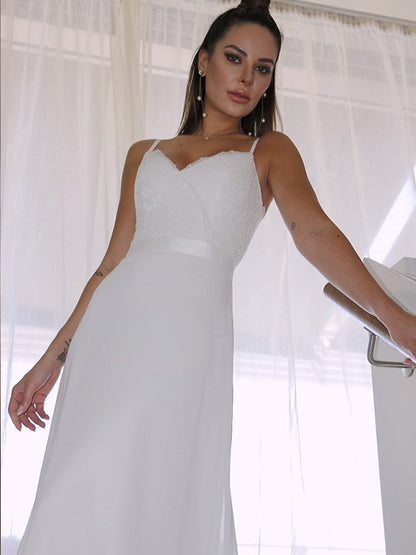 Sheath/Column Chiffon Lace Spaghetti Straps Sleeveless Floor-Length Wedding Dresses