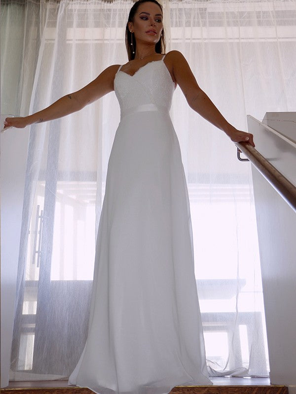 Sheath/Column Chiffon Lace Spaghetti Straps Sleeveless Floor-Length Wedding Dresses