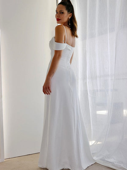 Sheath/Column Spaghetti Straps Satin Sleeveless Ruched Floor-Length Wedding Dresses