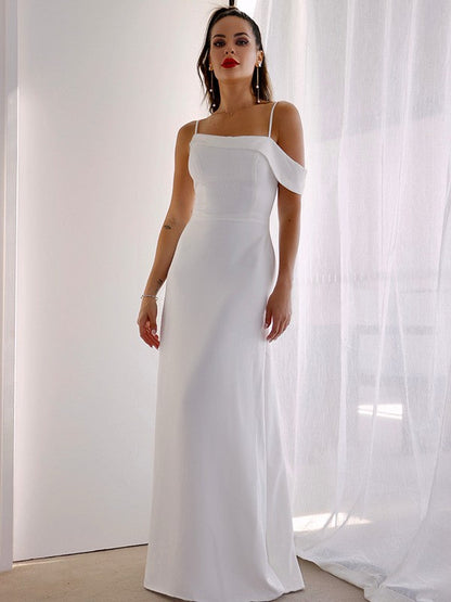 Sheath/Column Spaghetti Straps Satin Sleeveless Ruched Floor-Length Wedding Dresses