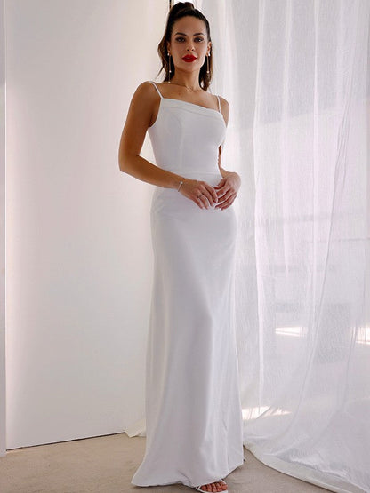 Sheath/Column Spaghetti Straps Satin Sleeveless Ruched Floor-Length Wedding Dresses