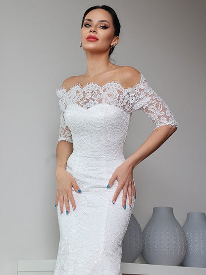 Sheath/Column Lace Ruffles Off-the-Shoulder 1/2 Sleeves Sweep/Brush Train Wedding Dresses