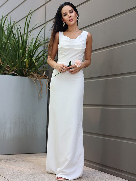 Sheath/Column Stretch Crepe Ruched Straps Sleeveless Floor-Length Wedding Dresses