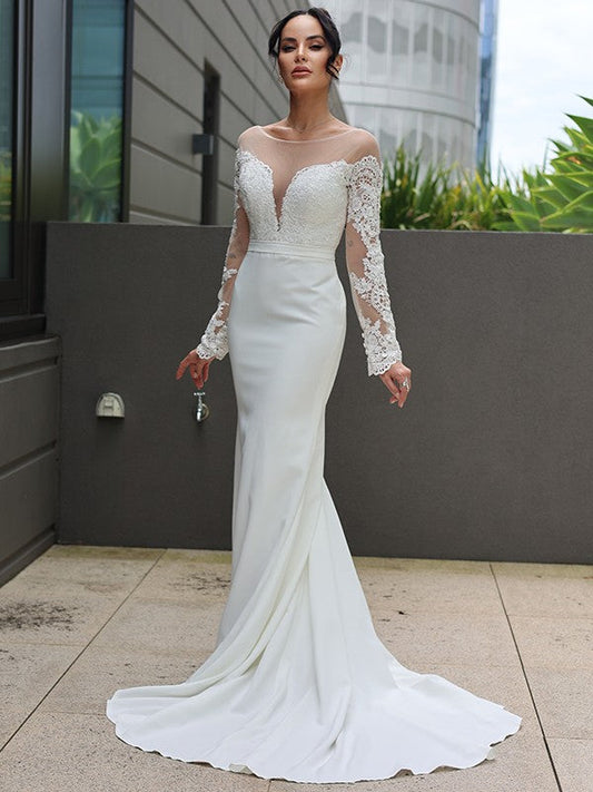 Numbersea Sheath Column Stretch Crepe Lace Scoop Long Sleeves Sweep/Brush Train Wedding Dresses