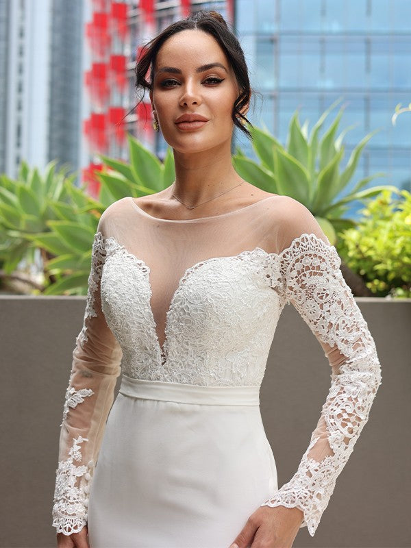 Numbersea Sheath Column Stretch Crepe Lace Scoop Long Sleeves Sweep/Brush Train Wedding Dresses