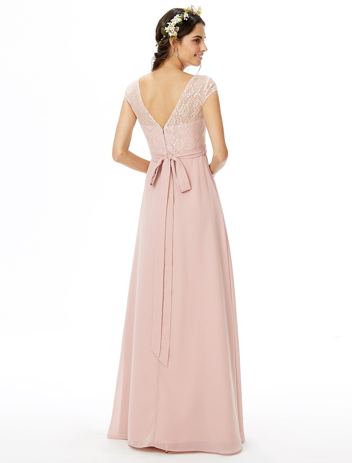 Sheath / Column Bridesmaid Dress Bateau Neck Short Sleeve Elegant Floor Length Chiffon / Lace with Lace / Sash / Ribbon / Bow(s)