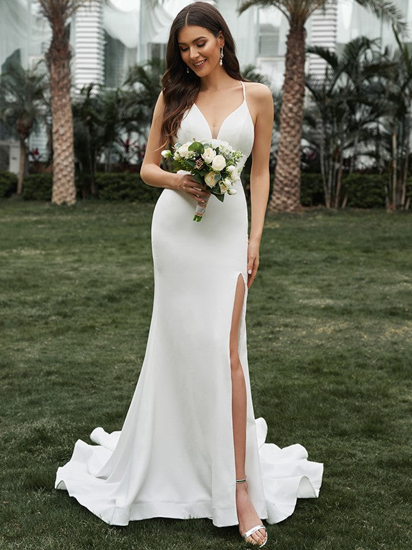 Sheath/Column Stretch Crepe Ruffles Halter Sleeveless Sweep/Brush Train Wedding Dresses