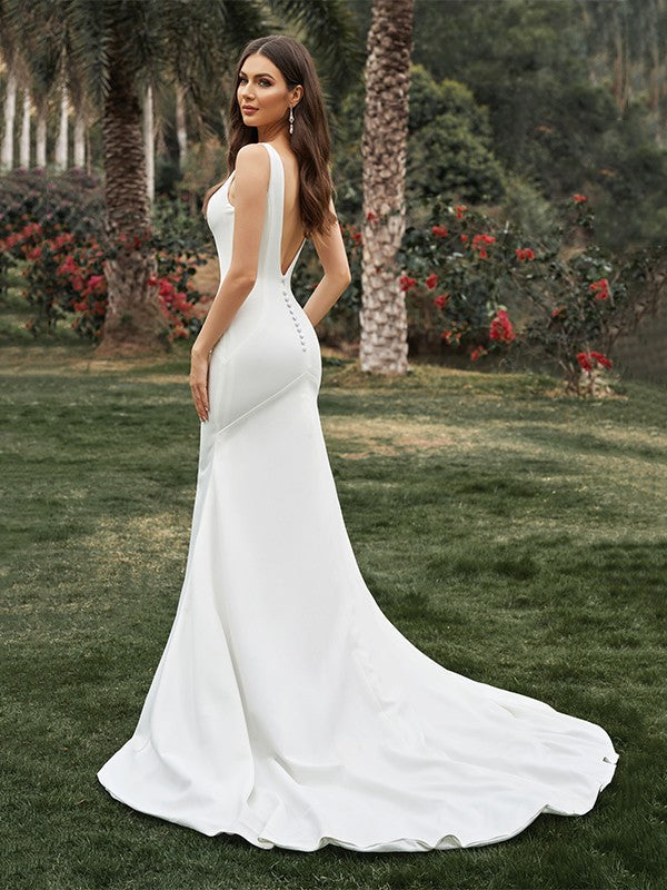 Sheath/Column Sleeveless Stretch Crepe V-neck Ruffles Sweep/Brush Train Wedding Dresses