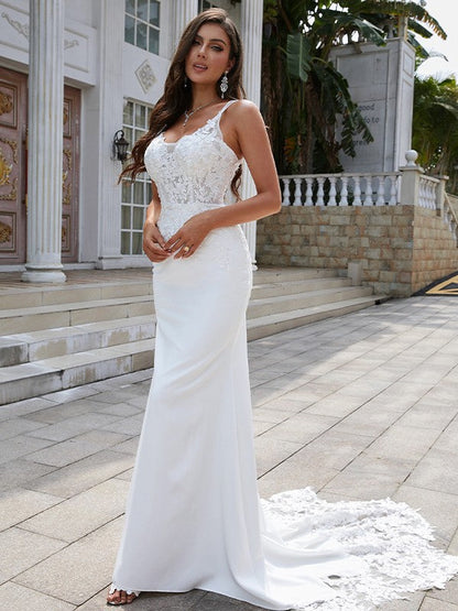 Sheath/Column Stretch Crepe Lace V-neck Sleeveless Sweep/Brush Train Wedding Dresses