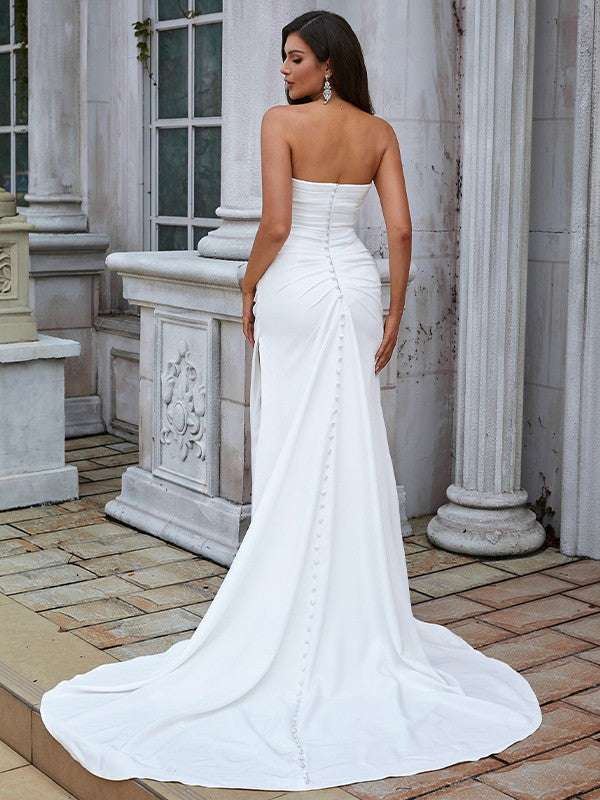 Sheath/Column Stretch Crepe Ruched Sweetheart Sleeveless Sweep/Brush Train Wedding Dresses