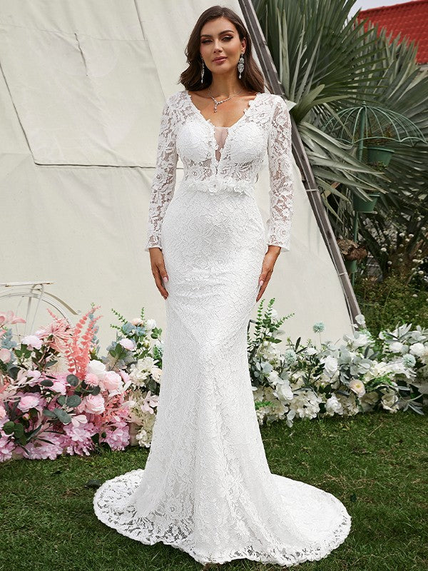 Sheath/Column Lace Hand-Made Flower V-neck Long Sleeves Sweep/Brush Train Wedding Dresses