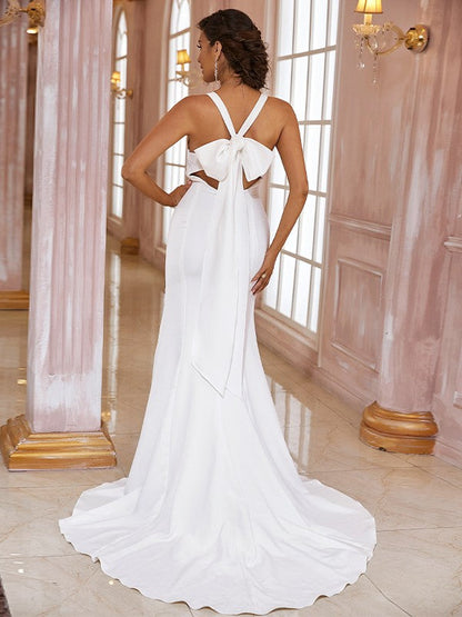 Numbersea Sheath Column Stretch Crepe Bowknot V-neck Sleeveless Sweep/Brush Train Wedding Dresses