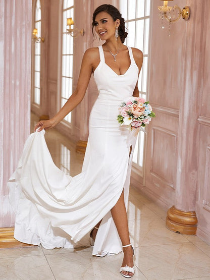 Numbersea Sheath Column Stretch Crepe Bowknot V-neck Sleeveless Sweep/Brush Train Wedding Dresses