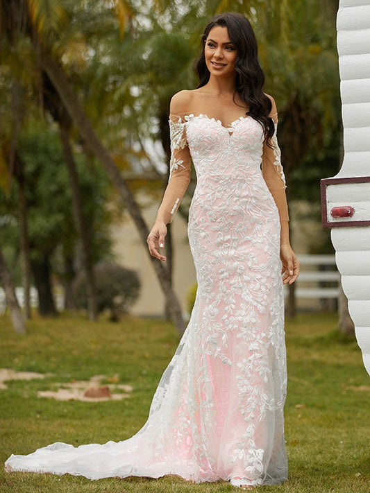 Sheath/Column Lace Off-the-Shoulder Long Sleeves Court Train Wedding Dresses