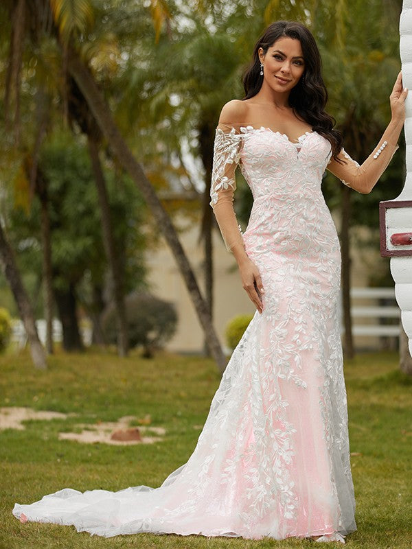 Sheath/Column Lace Off-the-Shoulder Long Sleeves Court Train Wedding Dresses