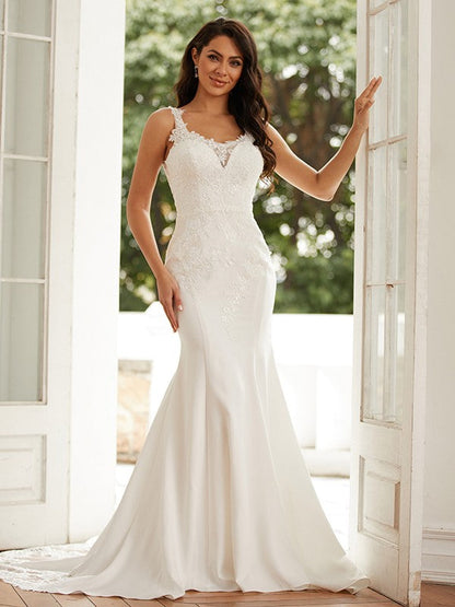 Sheath/Column Stretch Crepe Lace Straps Sleeveless Court Train Wedding Dresses