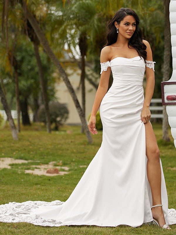 Numbersea Sheath Column Stretch Crepe Lace Off-the-Shoulder Sleeveless Cathedral Train Wedding Dresses