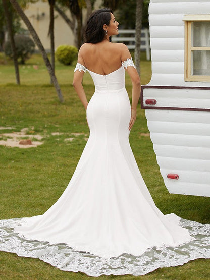 Numbersea Sheath Column Stretch Crepe Lace Off-the-Shoulder Sleeveless Cathedral Train Wedding Dresses