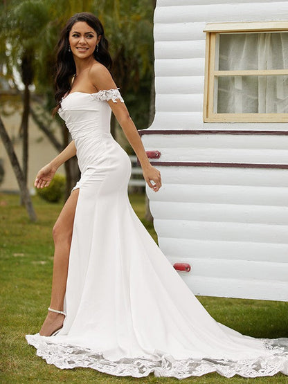 Numbersea Sheath Column Stretch Crepe Lace Off-the-Shoulder Sleeveless Cathedral Train Wedding Dresses