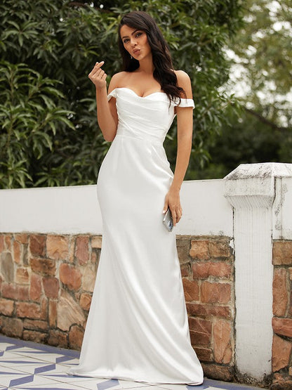 Sheath/Column Elastic Woven Satin Ruched Off-the-Shoulder Sleeveless Sweep/Brush Train Wedding Dresses