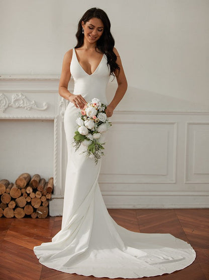 Sheath/Column Stretch Crepe V-neck Sleeveless Court Train Wedding Dresses