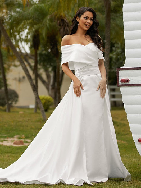 Sheath/Column Satin Ruched Off-the-Shoulder Sleeveless Chapel Train Wedding Dresses