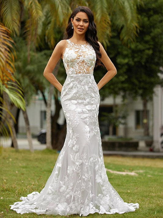 Sheath/Column Lace Scoop Sleeveless Sweep/Brush Train Wedding Dresses