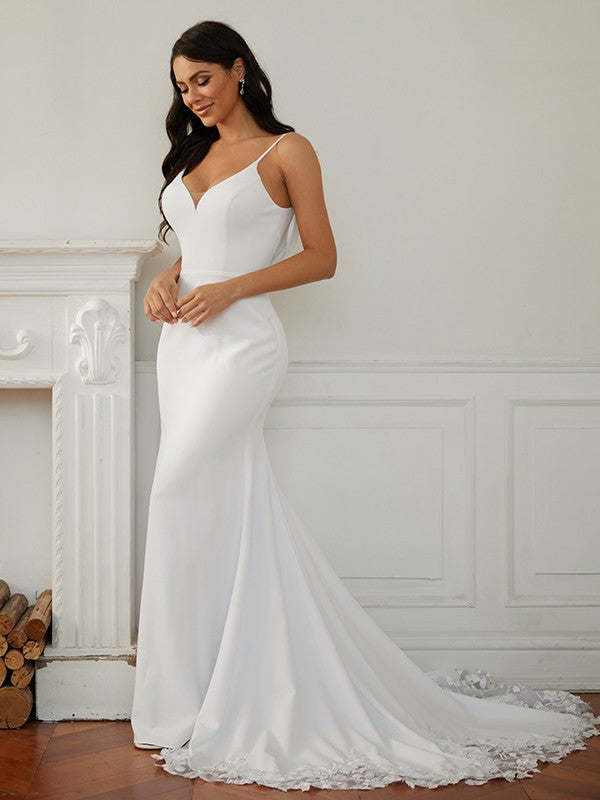 Sheath/Column Stretch Crepe Lace V-neck Sleeveless Court Train Wedding Dresses