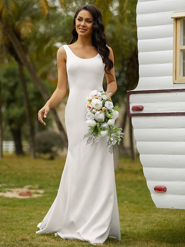 Numbersea Sheath Column Stretch Crepe Bowknot Straps Sleeveless Sweep/Brush Train Wedding Dresses