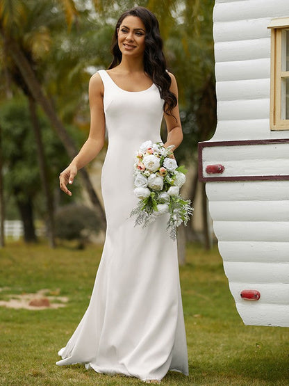 Numbersea Sheath Column Stretch Crepe Bowknot Straps Sleeveless Sweep/Brush Train Wedding Dresses