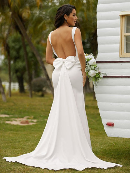 Numbersea Sheath Column Stretch Crepe Bowknot Straps Sleeveless Sweep/Brush Train Wedding Dresses