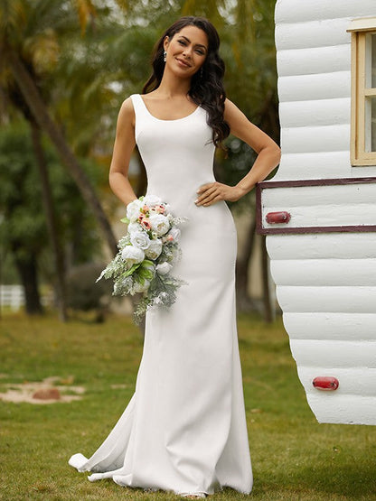 Numbersea Sheath Column Stretch Crepe Bowknot Straps Sleeveless Sweep/Brush Train Wedding Dresses